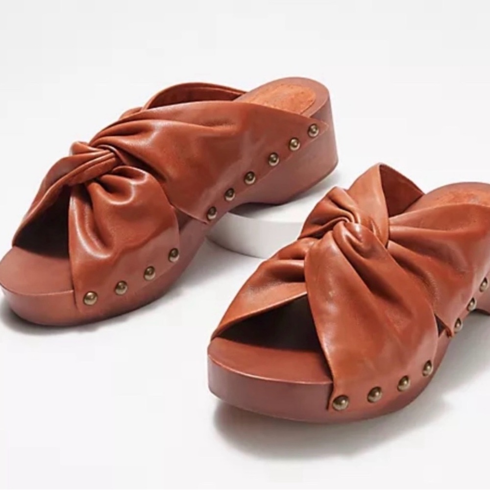 Kelsi Dagger Tan Leather Mules with Stud Accents